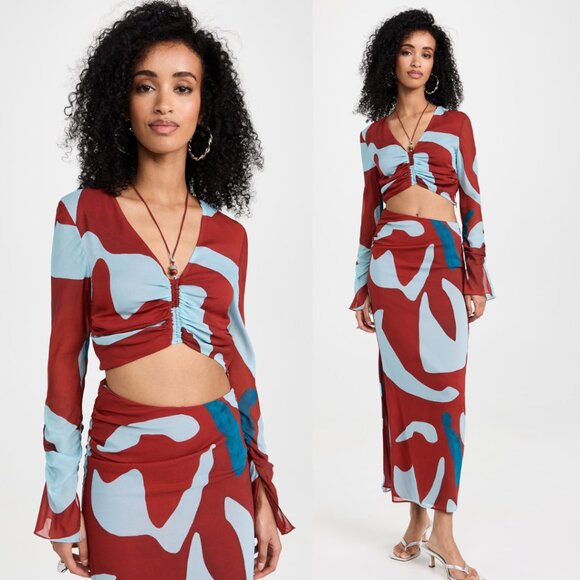 SIR the label Tops - NWT SIR The Label Frankie Silk Crop Top Abstract Print Ruched Front Long Sleeves